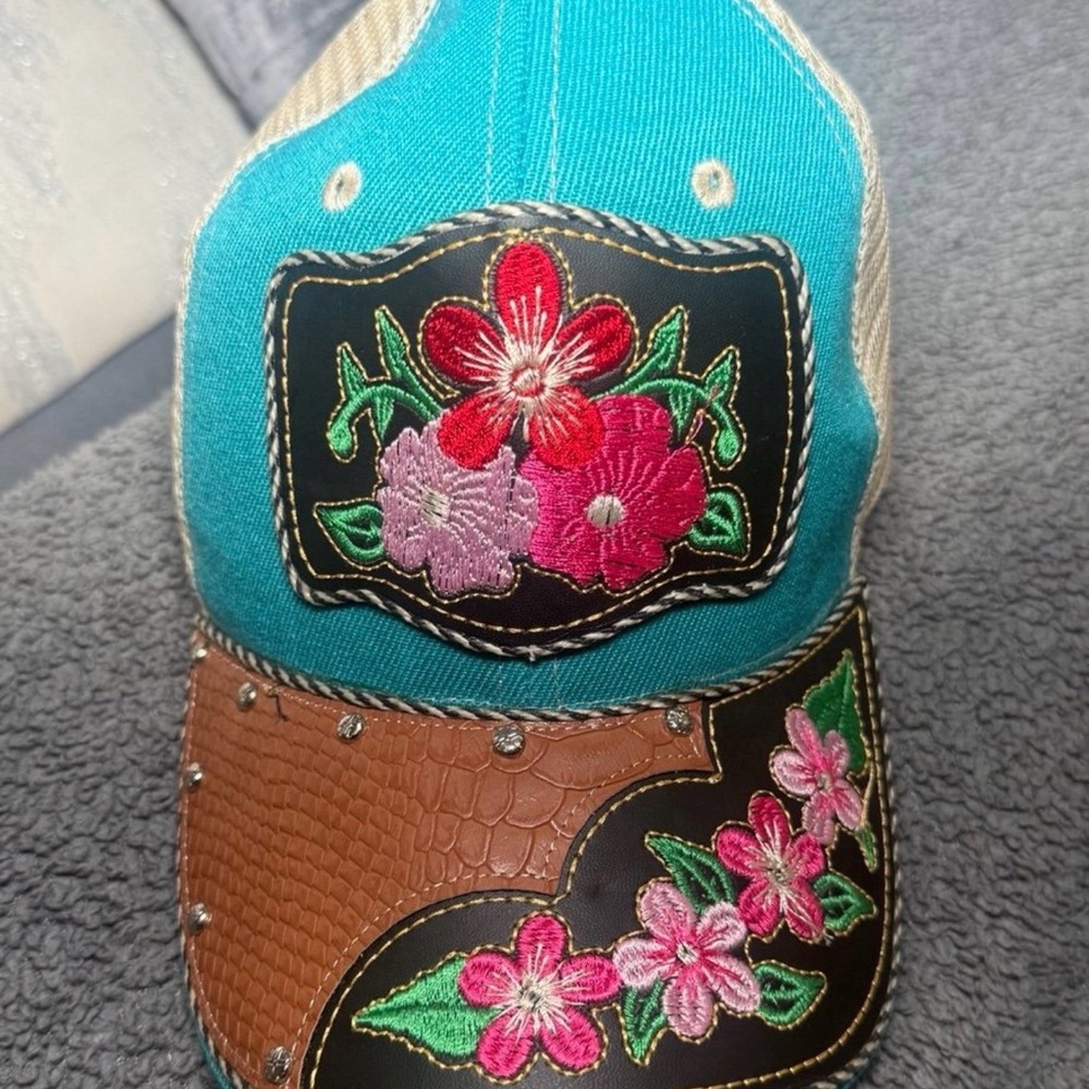 Floral Embroidered Cap with Brown Accents